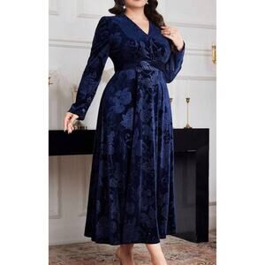 Shein Curve Womens Blue Velvet Floral Long Sleeve Dress 7XL Jacquard Romantic